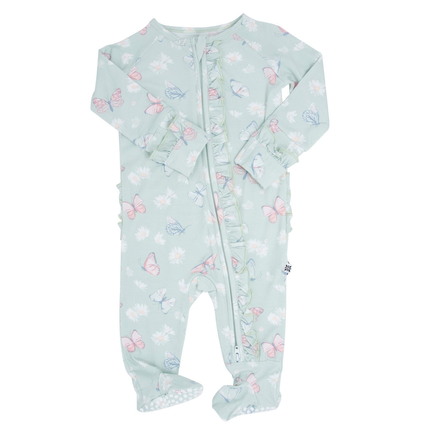 Mint baby footie sleeper with front zipper and ruffled details, butterfly and daisy print