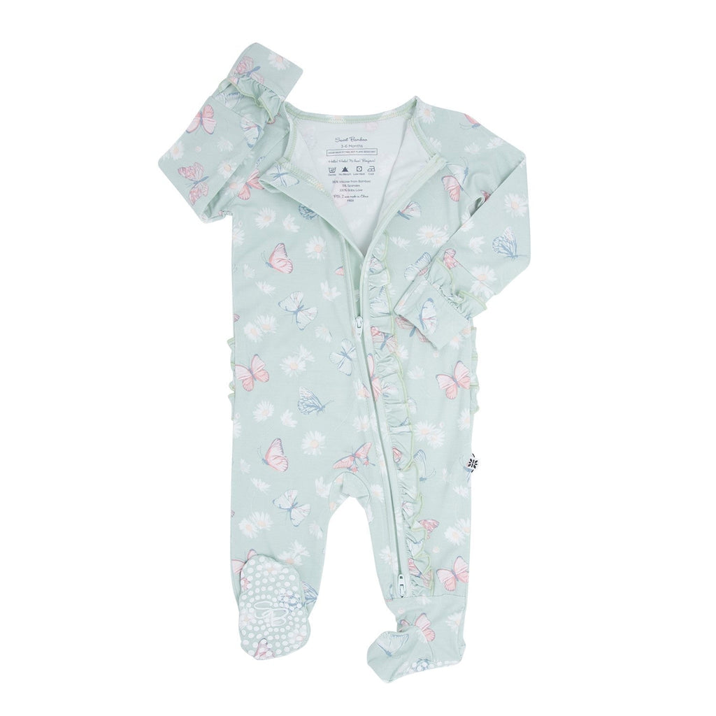 Mint baby footie sleeper, long sleeves, full-length zipper, butterfly and daisy print