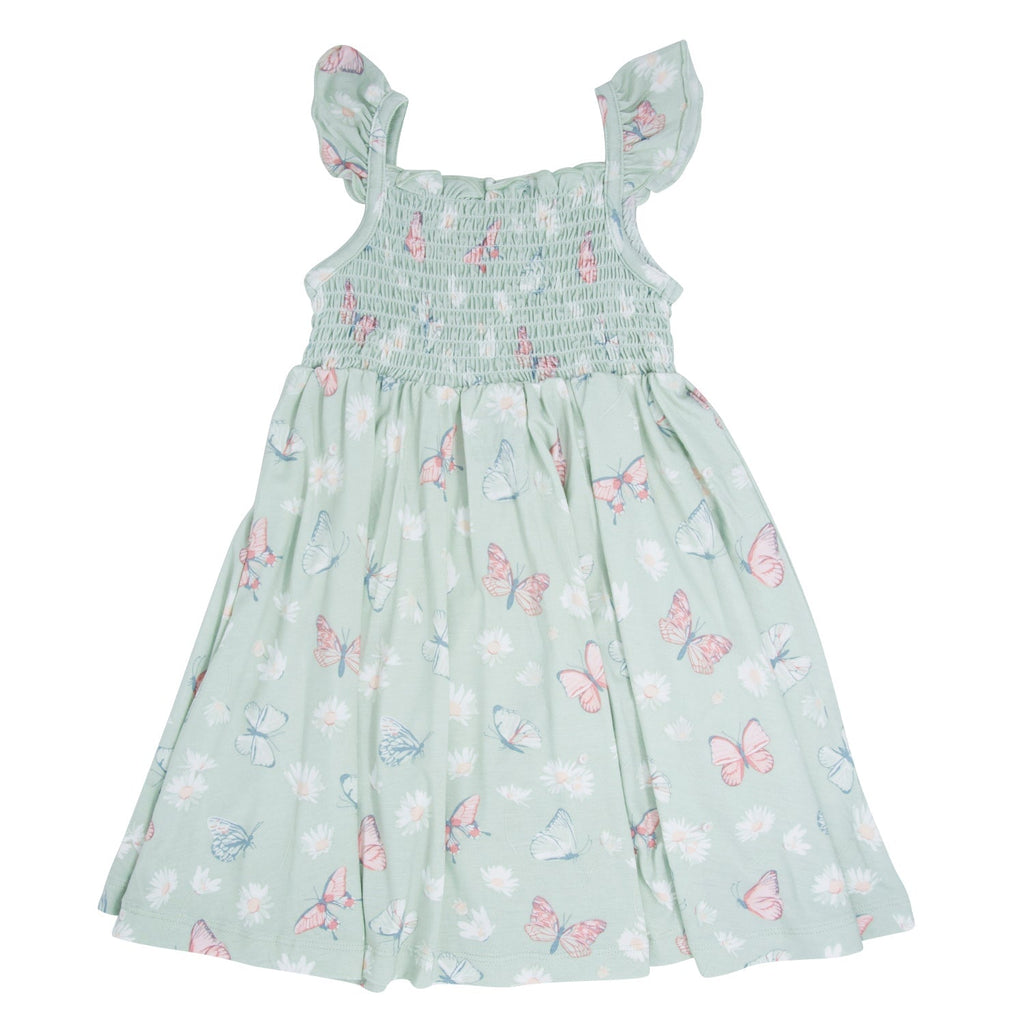 Girl's mint smocked dress with butterfly pattern and ruffled flutter sleeves