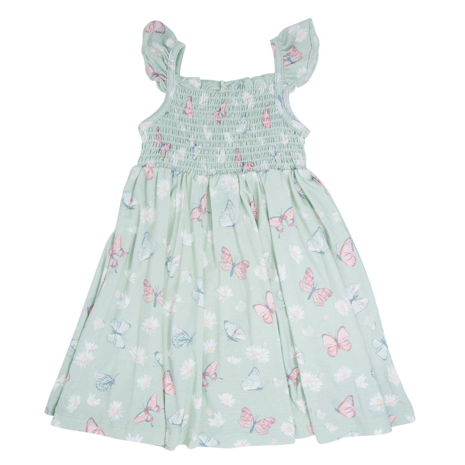 Girl's mint smocked dress with butterfly pattern and ruffled flutter sleeves