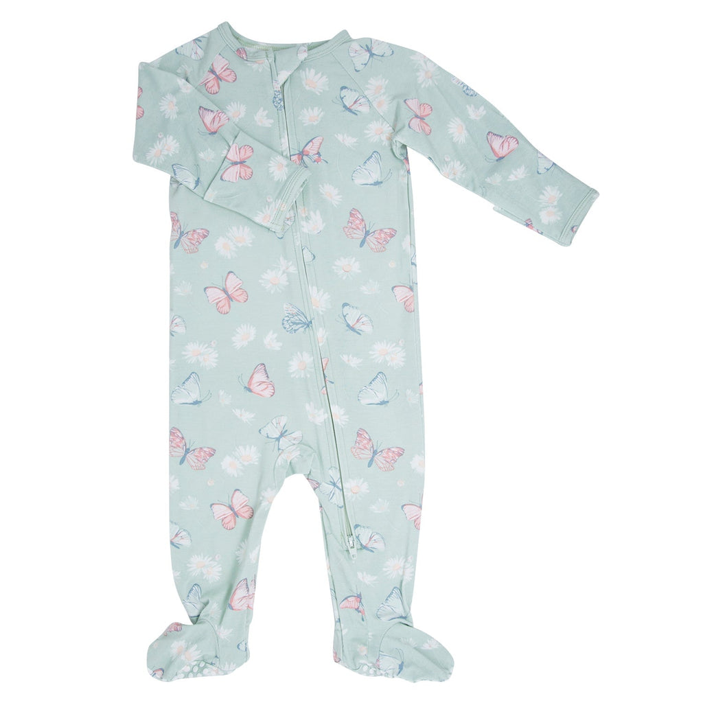 Mint bamboo zipper footie with long sleeves, butterfly pattern, and covered feet