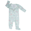 Mint bamboo footie sleeper for baby girl with front zipper and butterfly daisy print