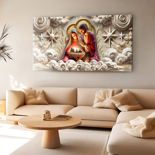 3D nativity wall art featuring Mary and Joseph with baby Jesus, gold halos, and star accents