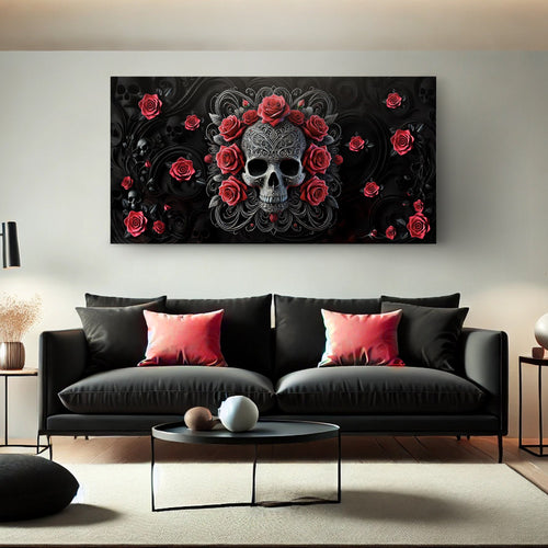 3D vintage skull wall art with red roses on black, ornate gray skull centerpiece