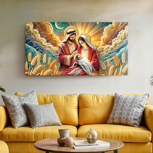 Religious canvas wall art of Mary and Joseph holding baby Jesus in golden sunrise clouds