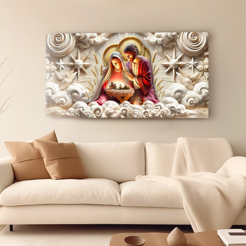 3D nativity wall art with Mary, Joseph, and baby Jesus in a cloud-and-star relief frame