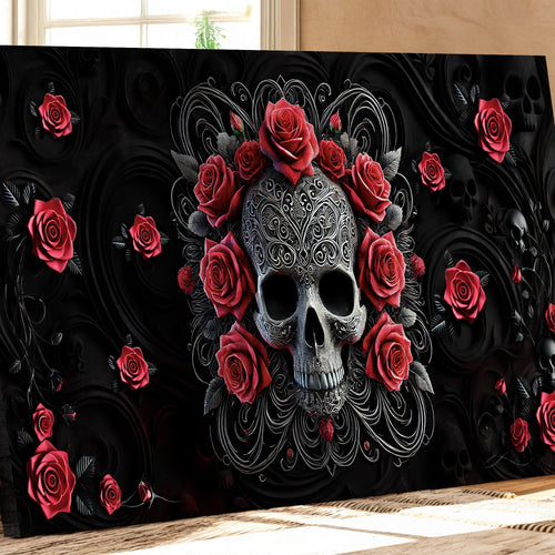 Skull and rose wall art canvas in black with red roses and gray skull face