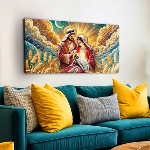 Religious canvas wall art of Mary and Joseph holding baby Jesus with wheat field and clouds