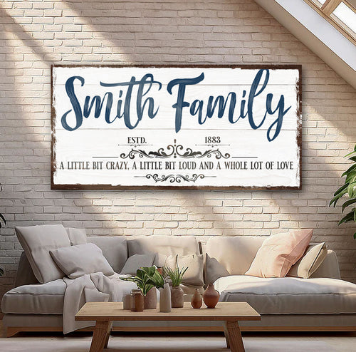 Smith Family wall sign in blue script with “A little bit crazy…” love quote