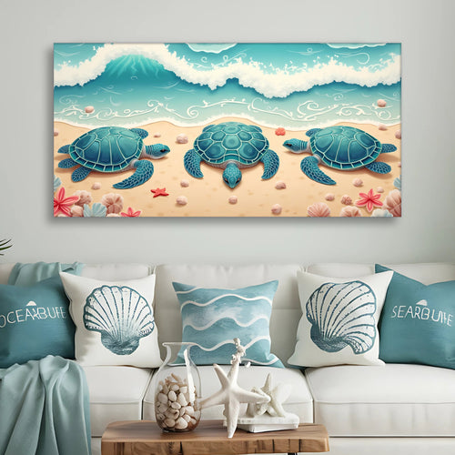 Coastal wall art canvas with three blue sea turtles on a beach wave scene