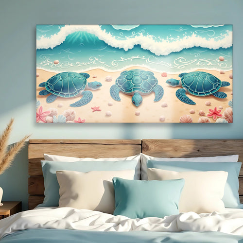 Coastal sea turtle wall art canvas with ocean waves and pink starfish