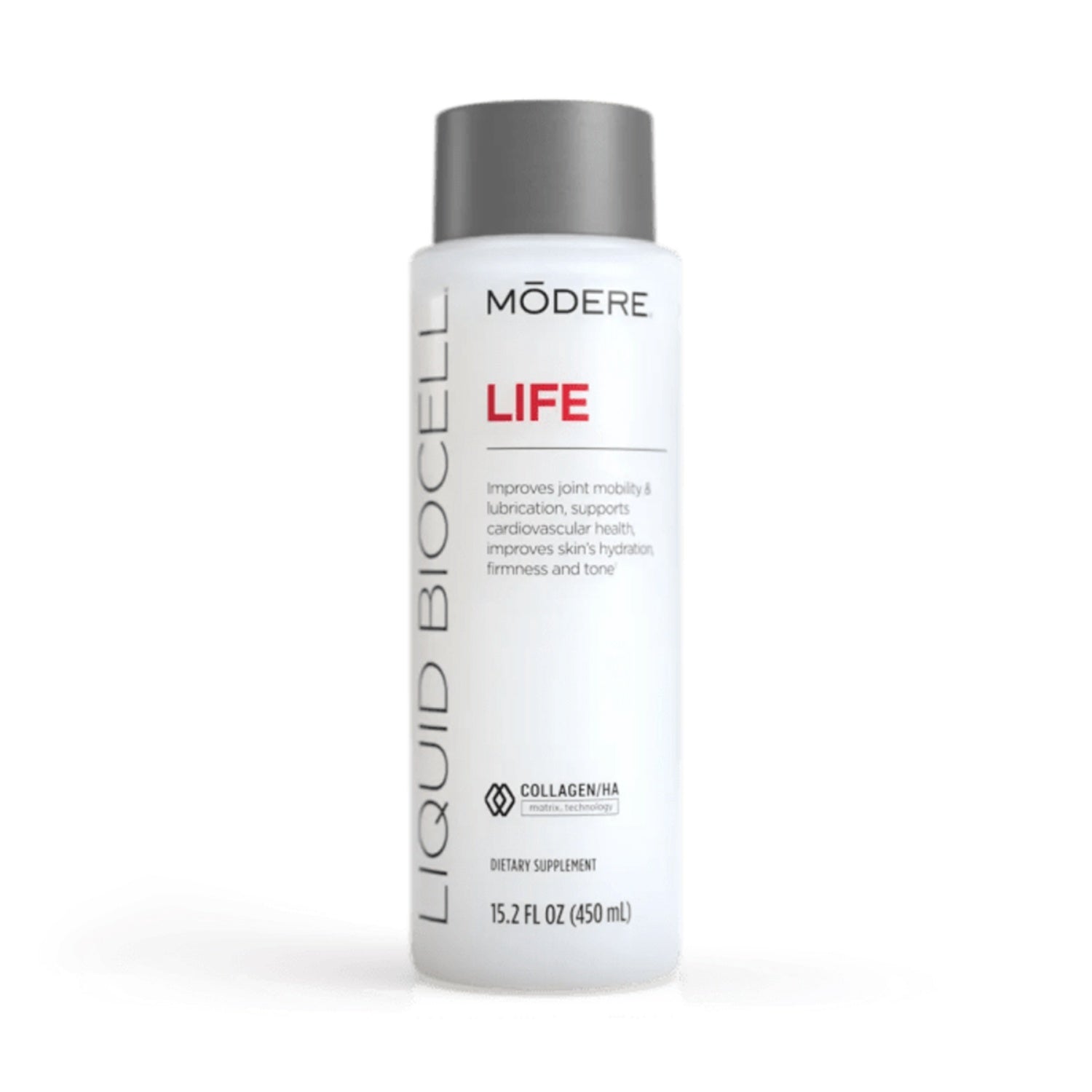 Liquid supplement bottle, white with gray cap and MODERE LIFE label, 450 mL