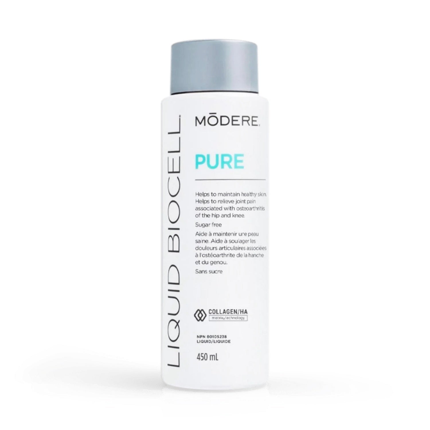 Modere Liquid BioCell Pure 450 mL bottle, white pump-style container with silver cap.