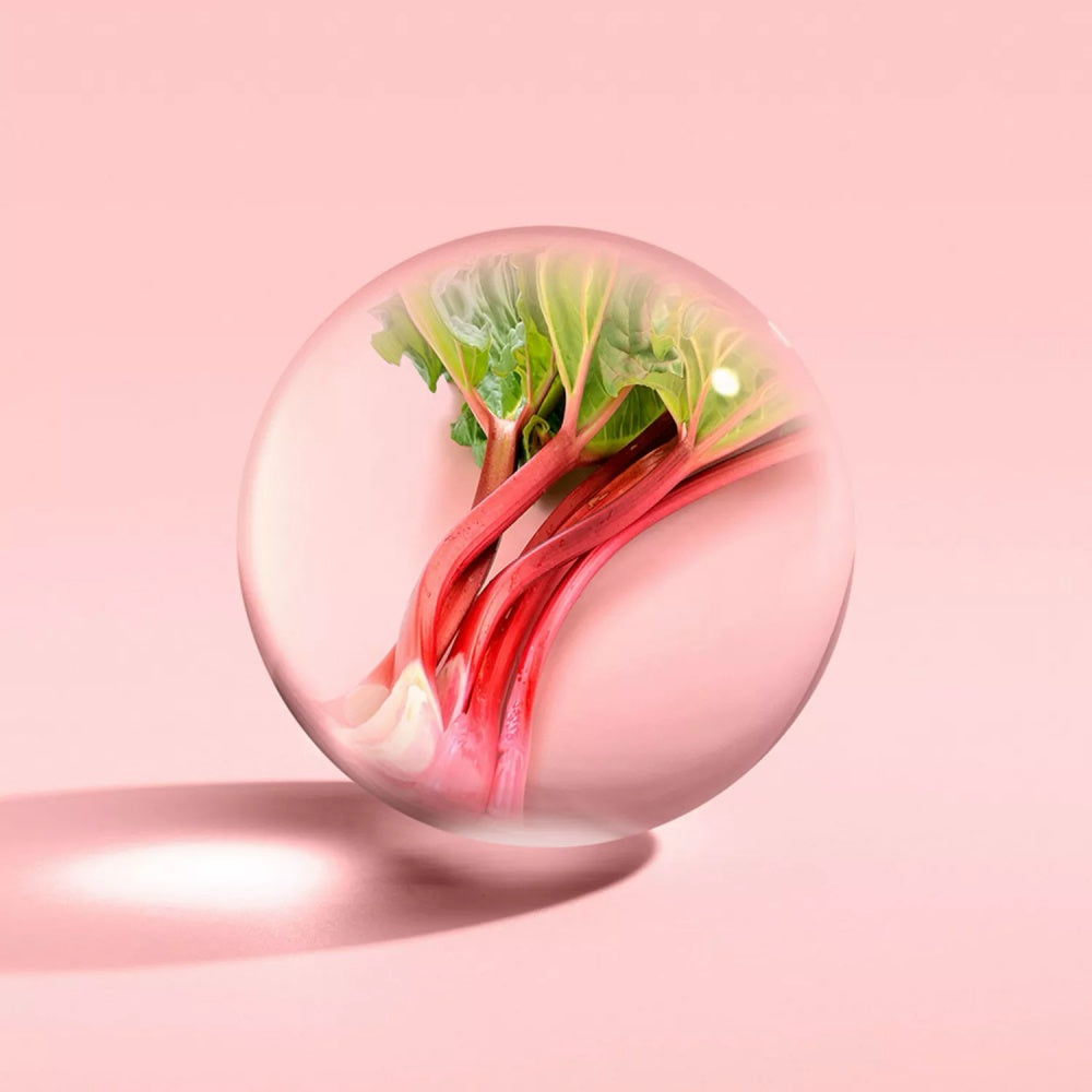 Rhubarb & rose bath gel bubble with red rhubarb stalks and green leaves