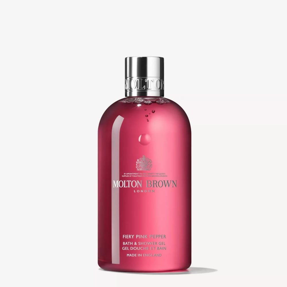 Molton Brown Fiery Pink Pepper bath & shower gel bottle, pink with silver cap