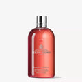 Bath and shower gel bottle, red bottle with metallic cap and label
