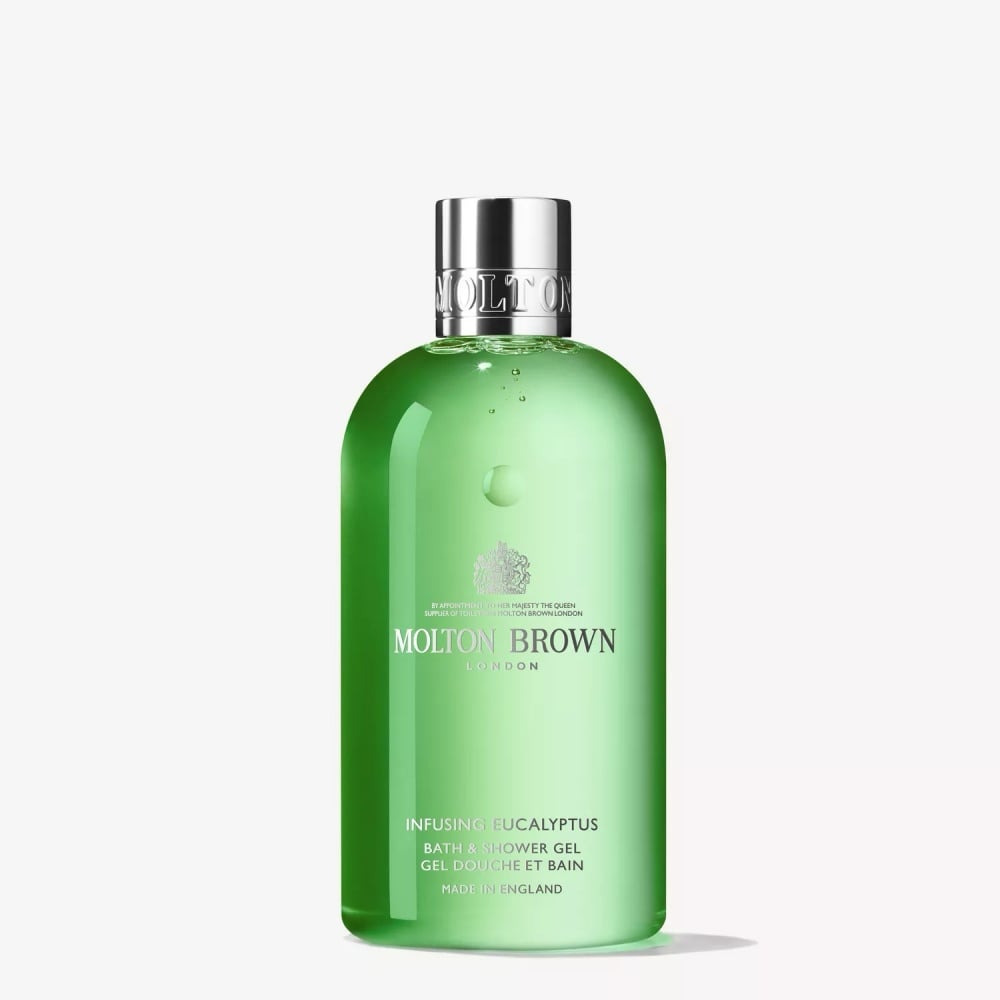 Molton Brown eucalyptus bath and shower gel bottle, green with silver cap