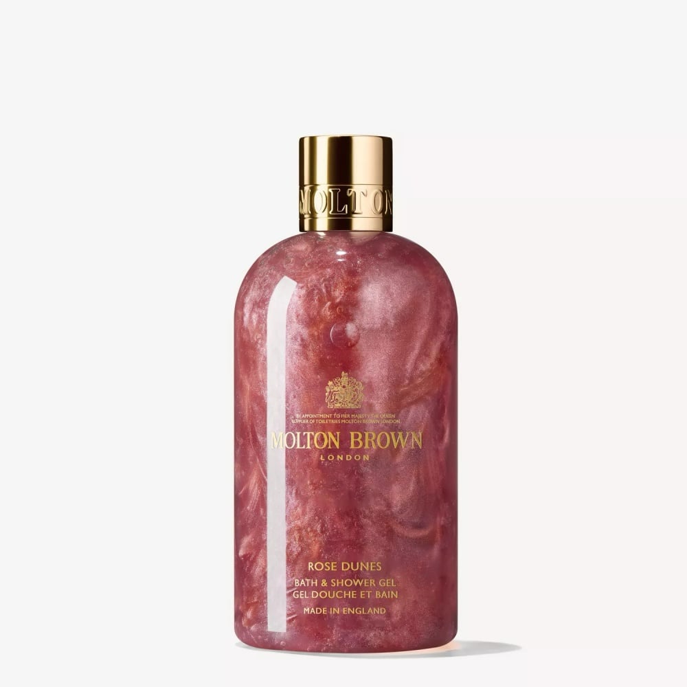 Molton Brown Rose Dunes bath & shower gel, clear pink bottle with gold cap