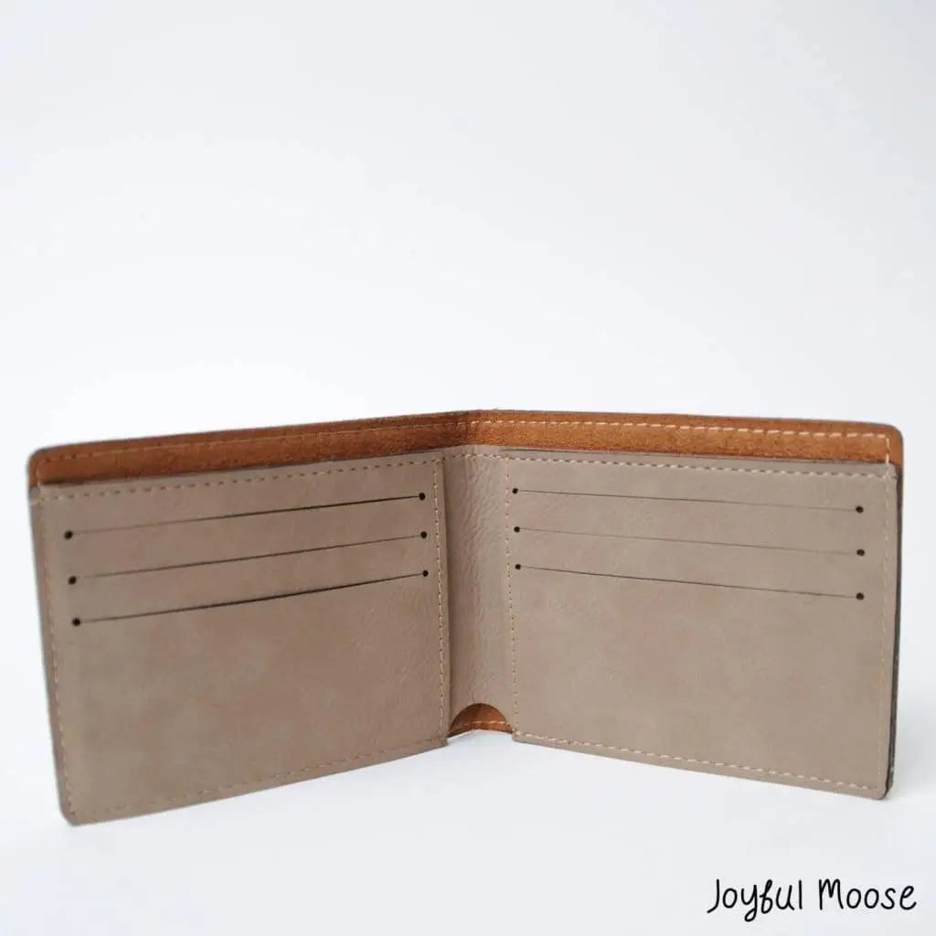 Light brown leather bifold wallet with card slots, open view