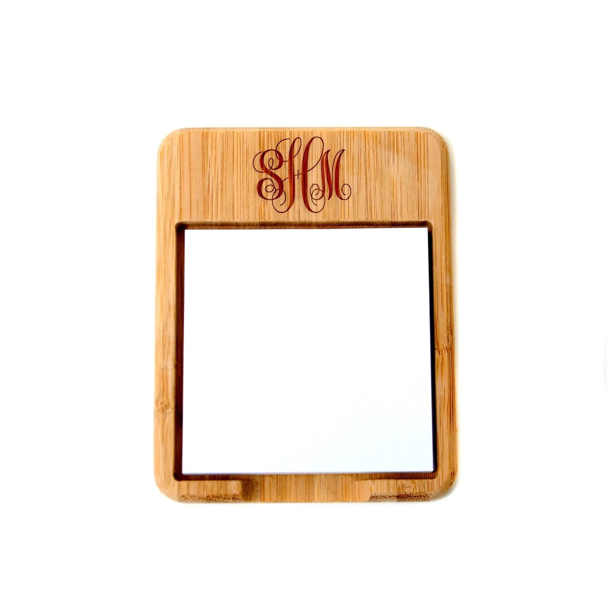 Bamboo monogram sticky note holder with engraved letter design and blank square note pad