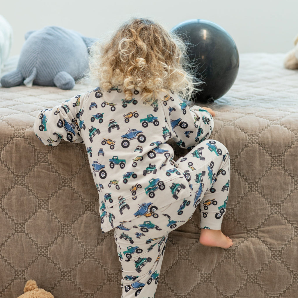 Kids crew neck jogger set with tractor print, long-sleeve top and matching jogger pants