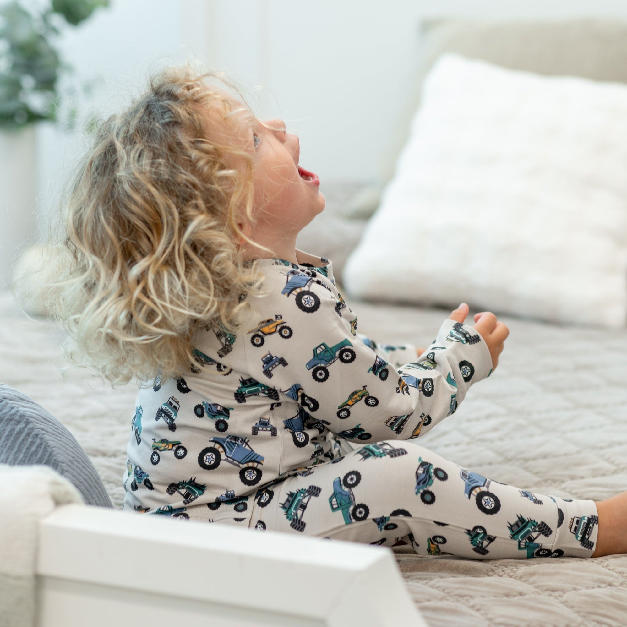 Toddler long-sleeve crew neck top and jogger pants with colorful tractor print