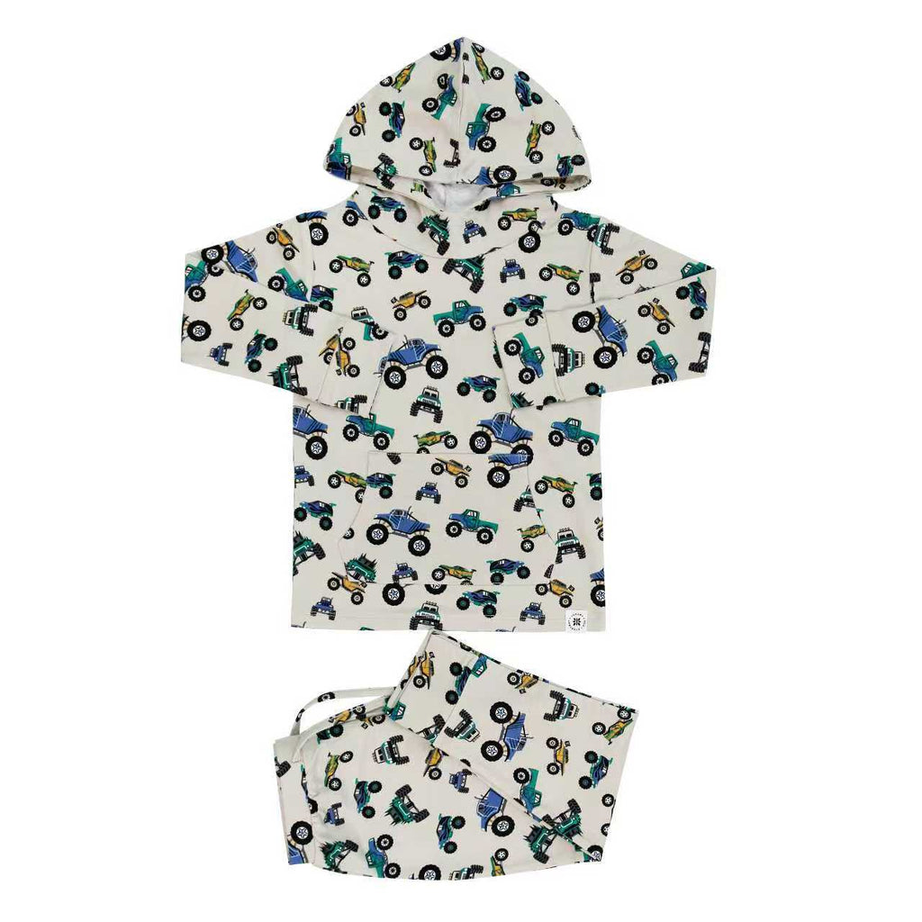 Hoodie and jogger set with off-white tractor print, hooded top and elastic waist