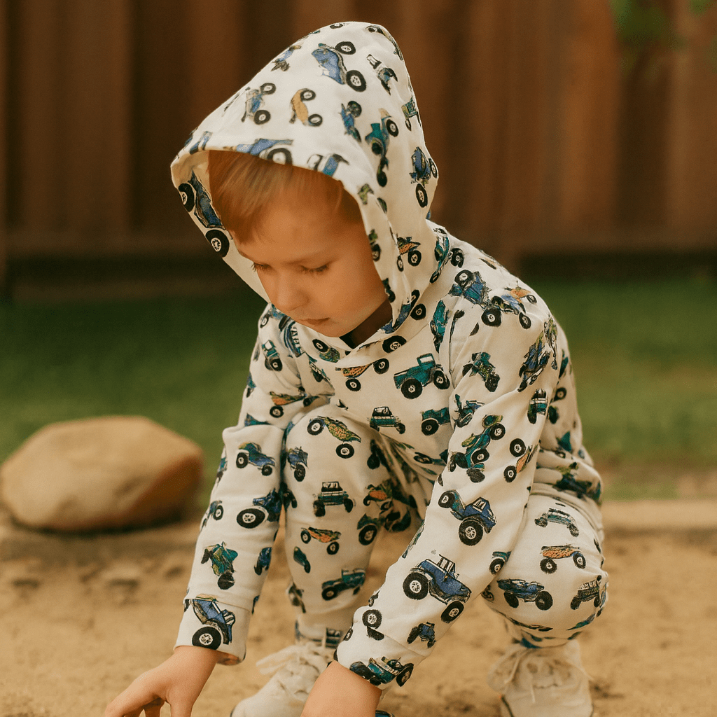 Kids hooded jogger set, off-white with green and blue tractor prints