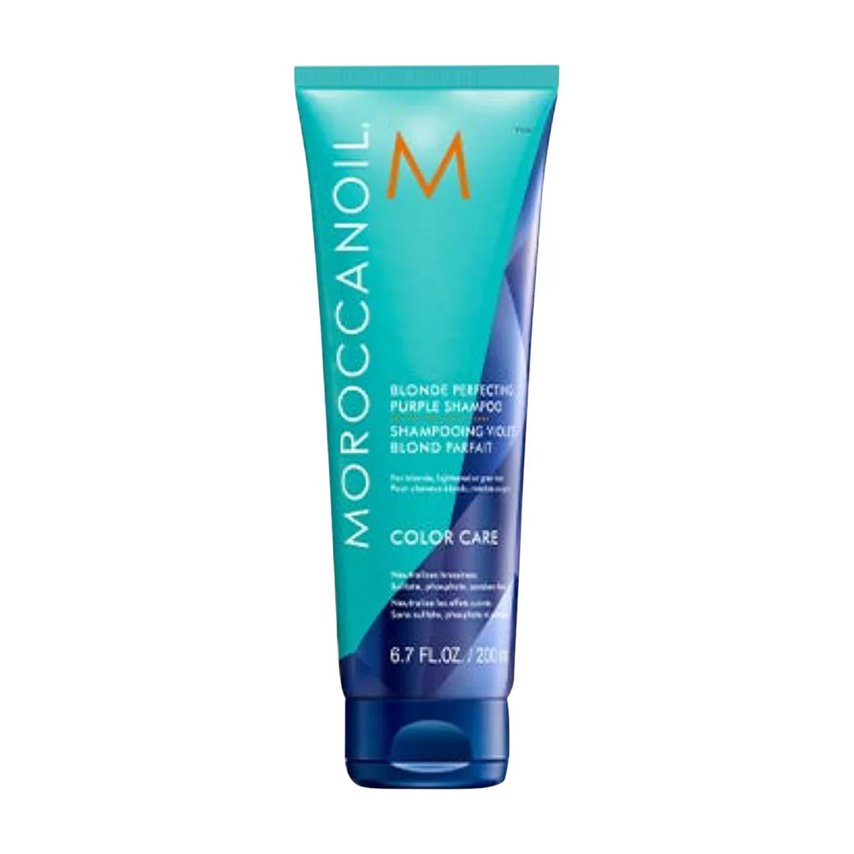Moroccanoil blonde perfecting purple shampoo tube, 6.7 fl oz, teal and dark blue