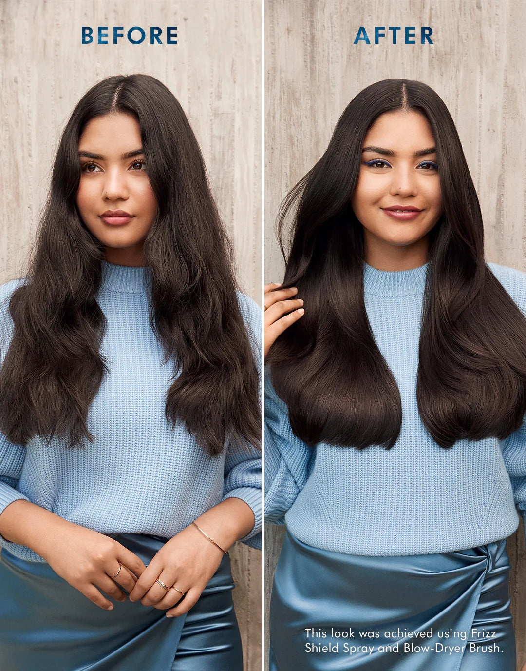 Woman with long dark hair styled smooth on both sides, front view