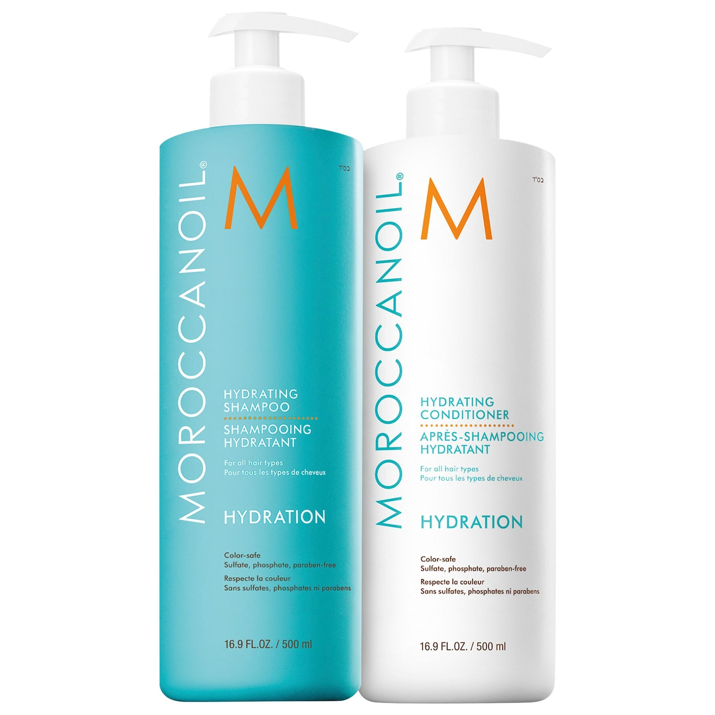Hydration shampoo and conditioner bottles set with pump tops, blue and white