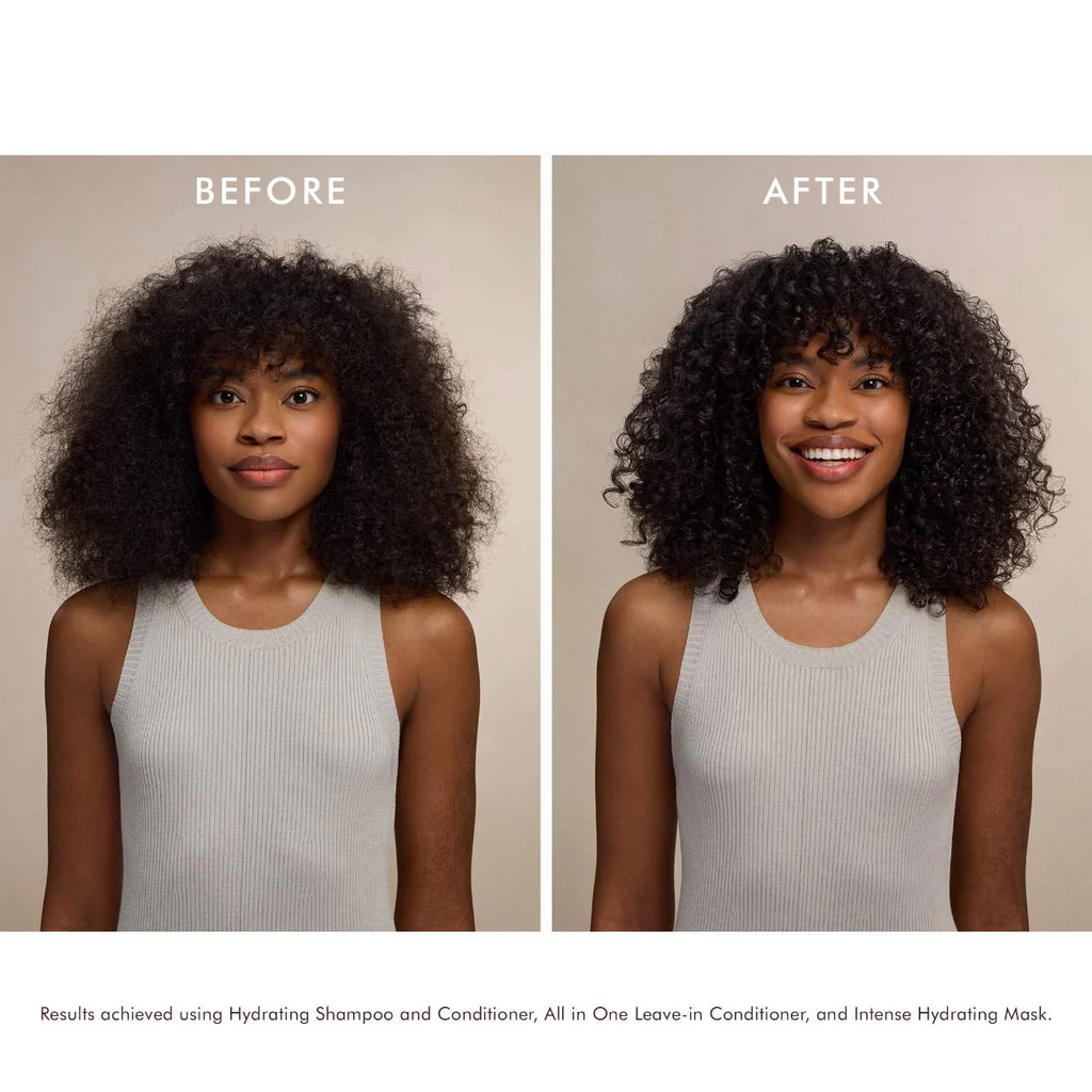 Before and after hair hydration on model with curly hair, smiling after