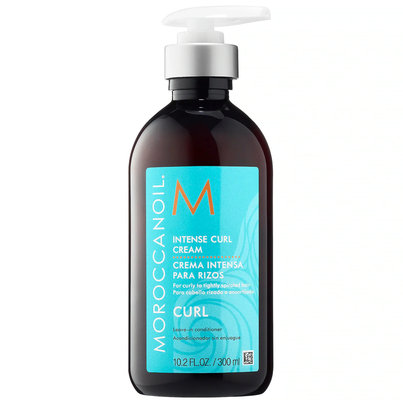 Moroccanoil Intense Curl Cream pump bottle, dark amber glass with blue label.