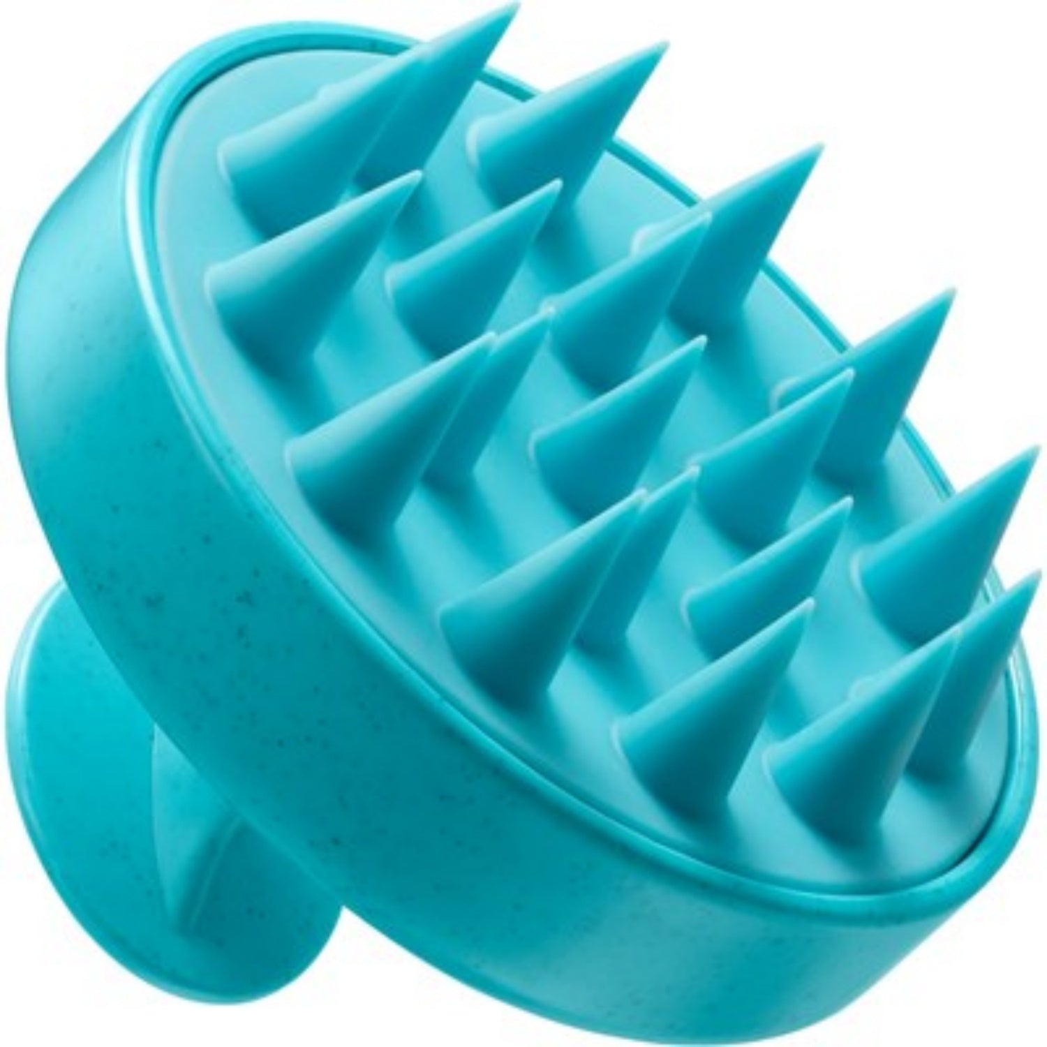 Scalp massage brush with turquoise silicone bristles and rounded base