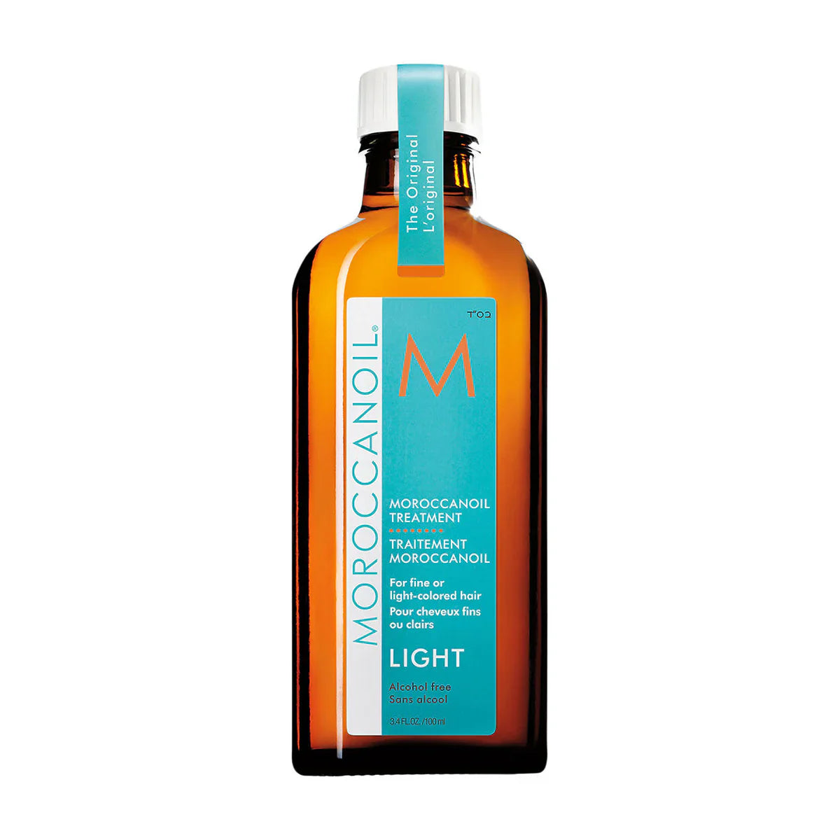 Moroccanoil light hair treatment bottle, amber glass with teal label and white cap