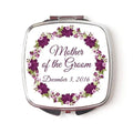 Silver compact mirror with purple floral wreath and 'Mother of the Groom' text