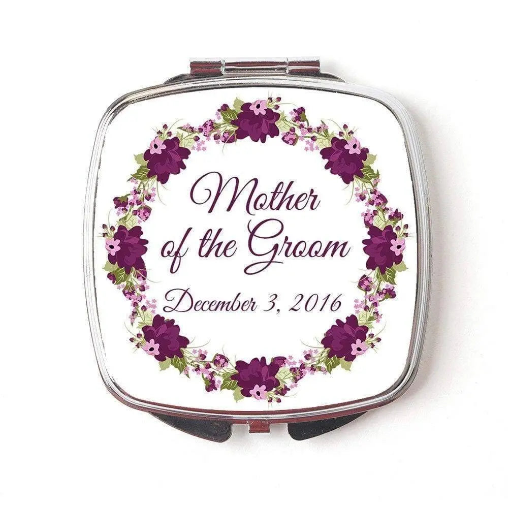 Silver compact mirror with purple floral wreath and 'Mother of the Groom' text
