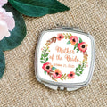 Square compact mirror with “Mother of the Bride” floral design and date on fabric.