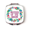 Compact mirror with floral wreath graphic and 'Mother of the Groom' on the front