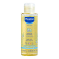 Mustela baby oil bottle with avocado oil, clear liquid, flip-top cap