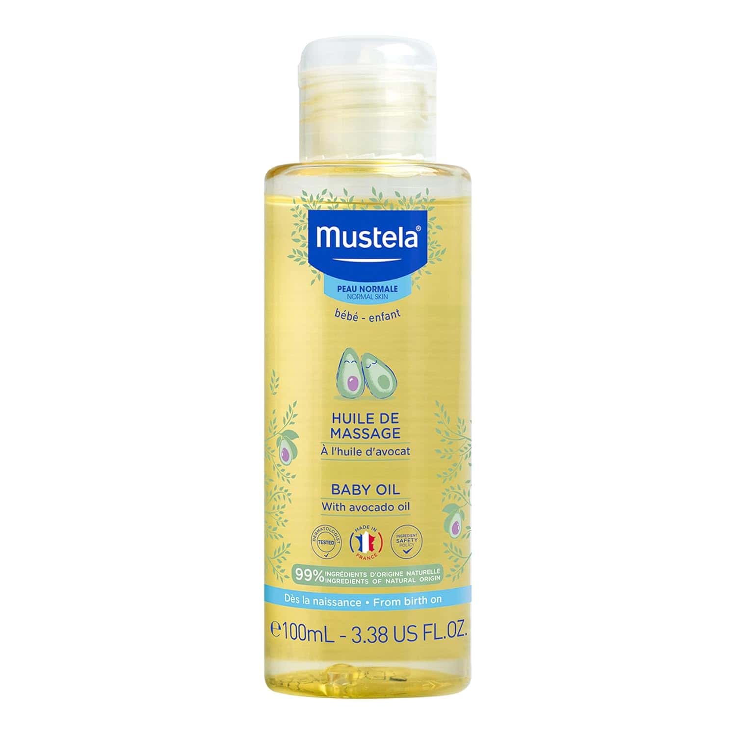 Mustela baby oil bottle with avocado oil, clear liquid, flip-top cap