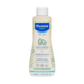 Mustela gentle shampoo bottle, white plastic with blue label and screw cap