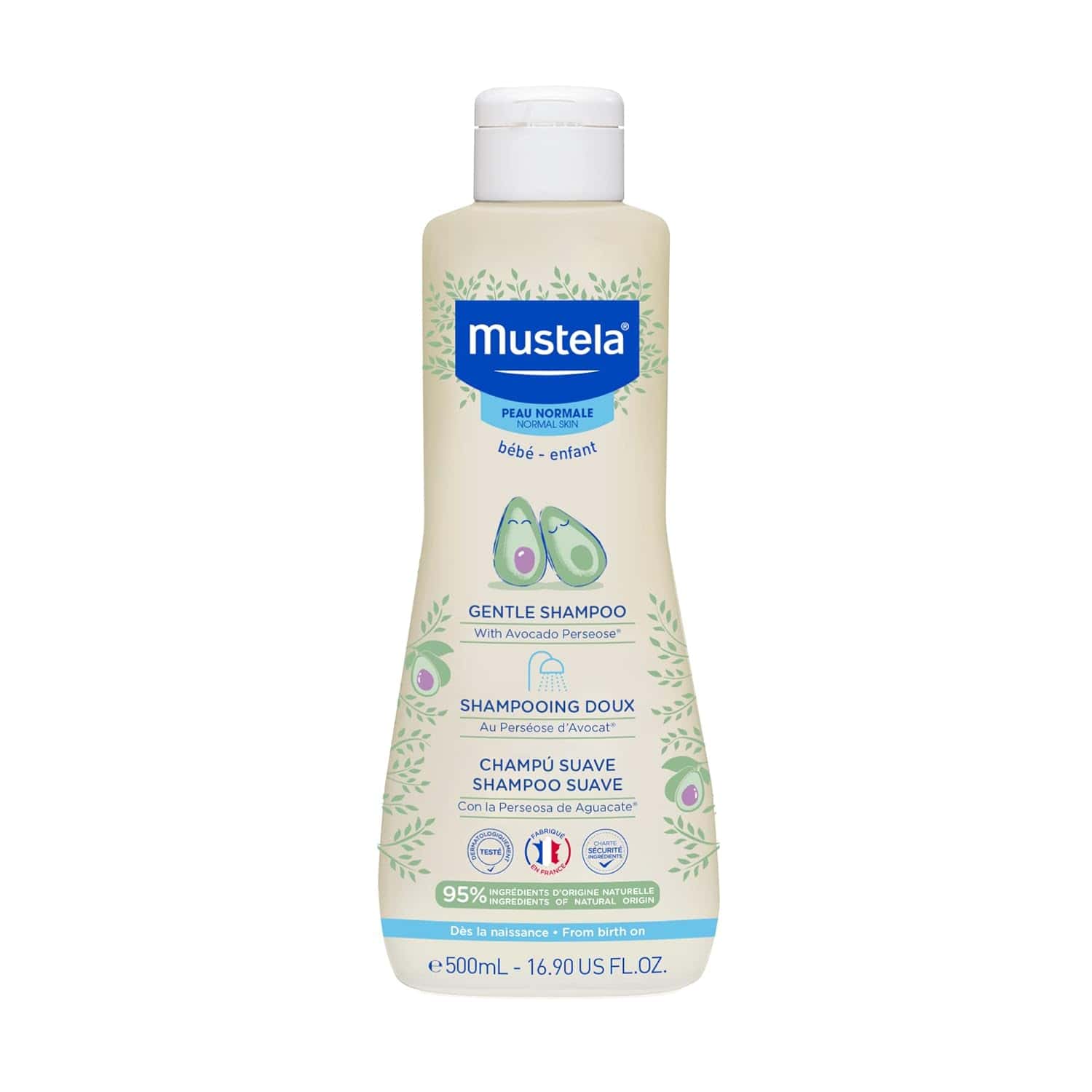 Mustela gentle shampoo bottle, white plastic with blue label and screw cap
