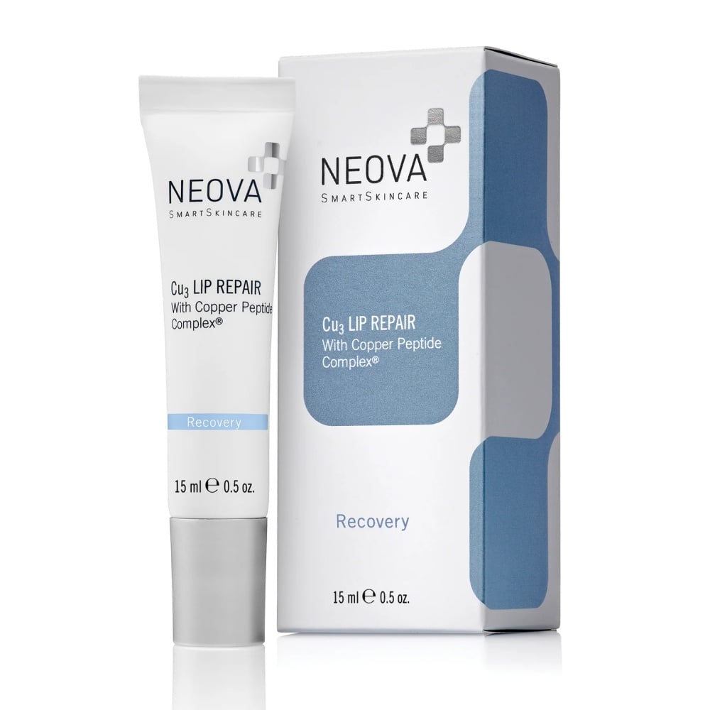 Neova Cu3 Lip Repair recovery lip balm tube and box, 15 ml