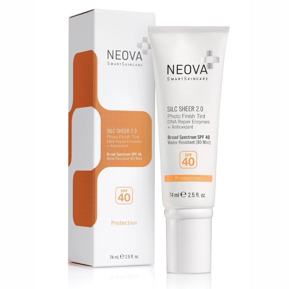 Neova Silc Sheer 2.0 SPF 40 sunscreen tube, 75 ml, with box