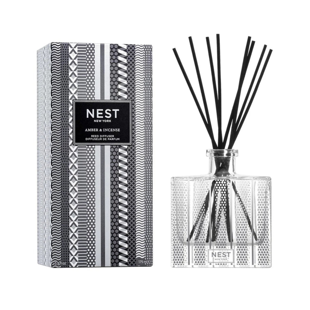 Reed diffuser set with amber & incense bottle, black reeds, and patterned gift box