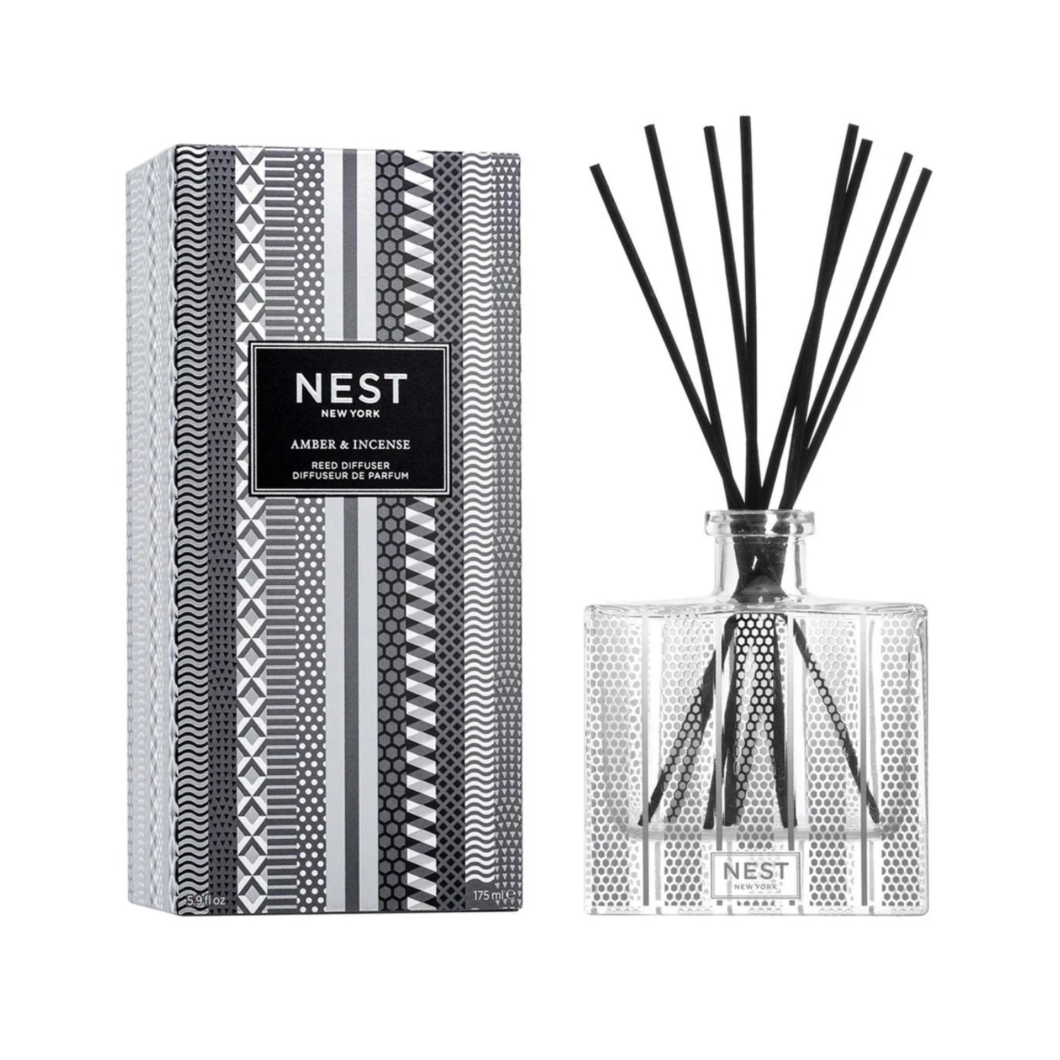 Reed diffuser set with amber & incense bottle, black reeds, and patterned gift box