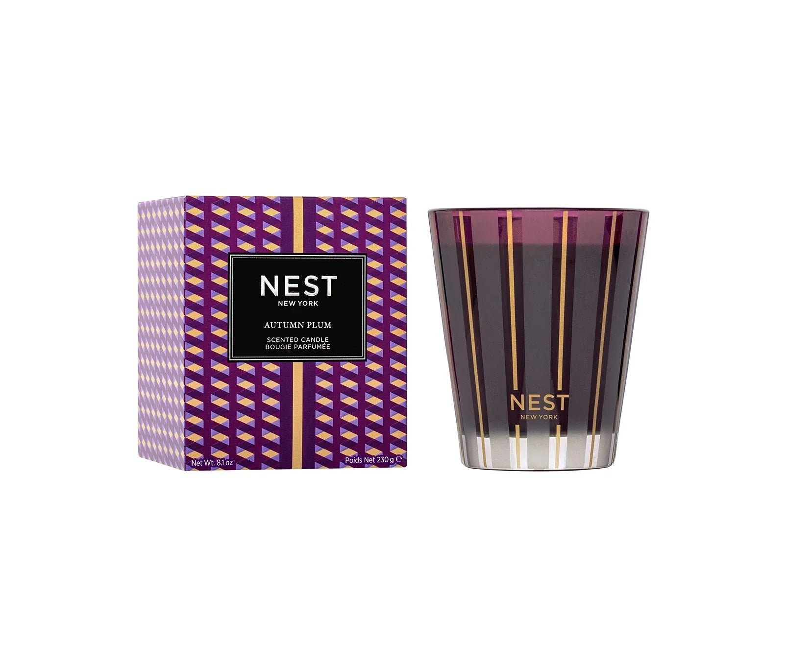 NEST Autumn Plum scented candle in ribbed glass with purple/gold box