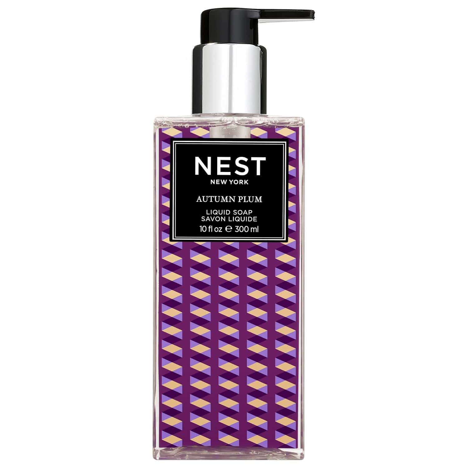 Nest New York liquid soap bottle with black pump, purple geometric label, clear container