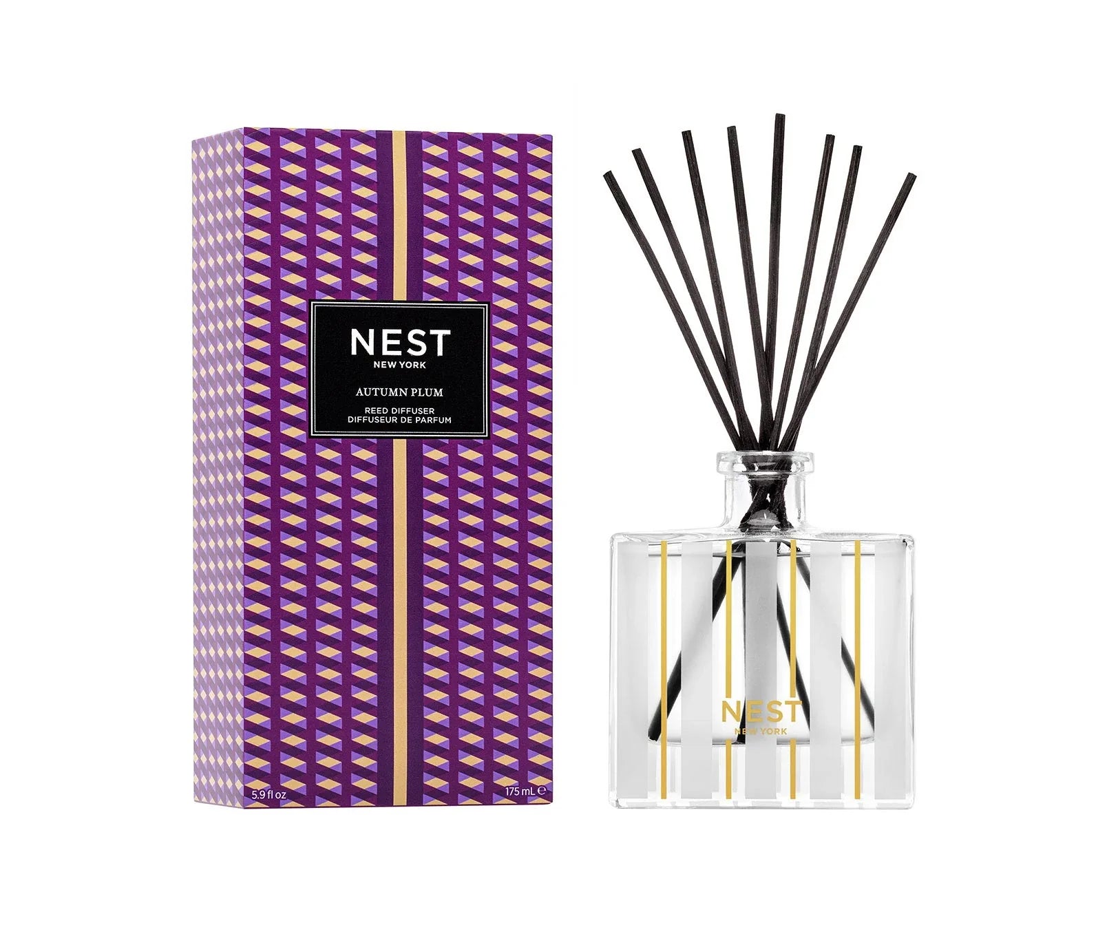 NEST reed diffuser with clear square glass bottle, black reeds, plum patterned box